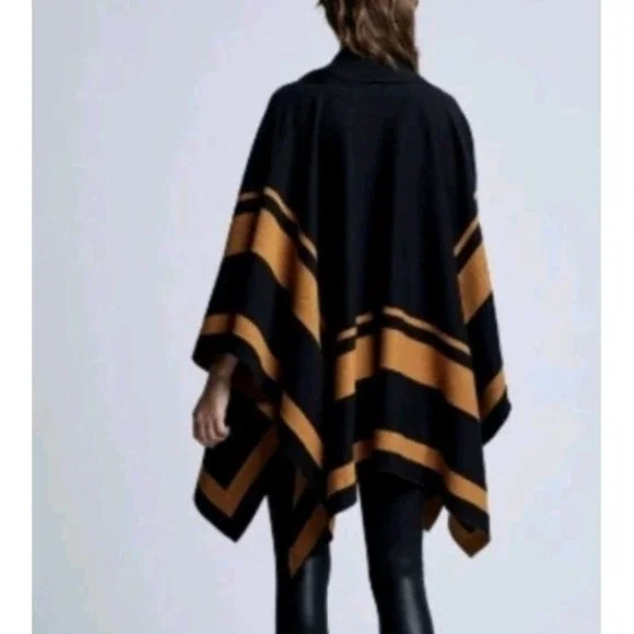 L'Agence Jake Sweater Cape XS S Black Camel Wool Stripe Poncho Quiet Luxury Wrap - Picture 4 of 10